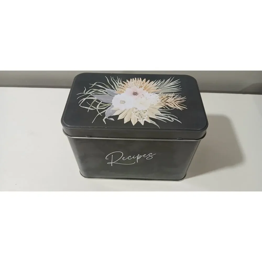 Recipe Box Black with Shaby Floral 8 Dividing Cards for Recipe Organizing Cards